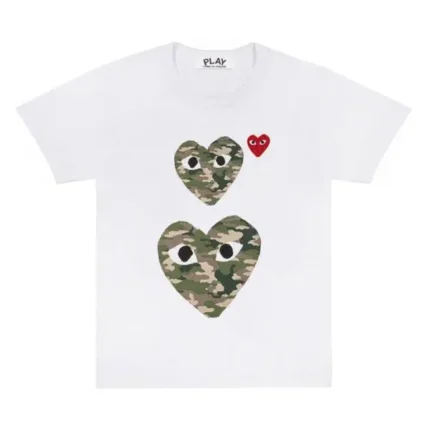 White T Shirt With Camo Printed Hearts